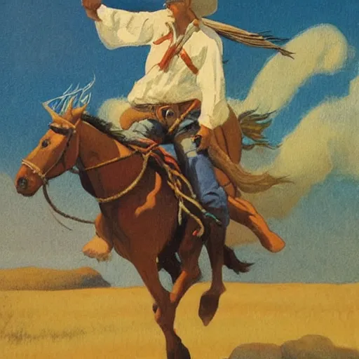 Prompt: a painting of a cowboy riding a unicorn in the style of n. c. wyeth.