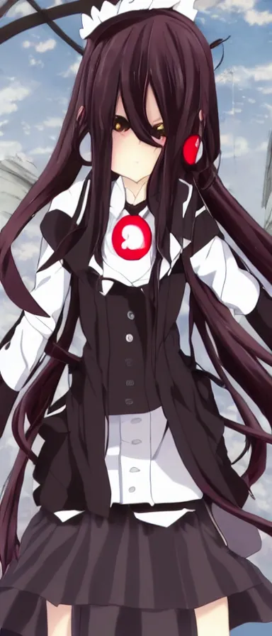 Image similar to Anime Screenshot of a “red-eyed black-haired anime fox girl” wearing black fingerless-gloves, high-waist-black-skirt, white-collared-shirt blue-open-jacket, black-necktie, unsheathing her katana, white background, visual-key, anime illustration, pixiv, anime-twitter