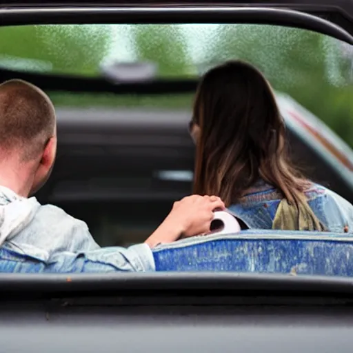 Prompt: a couple sits in a car at a drive - in movie