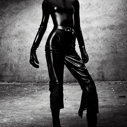 Image similar to fashion photography of an extraterrestrial model, holding a leather whip, wearing demobaza fashion, inside berghain, berlin fashion, harness, futuristic fashion, dark minimal outfit, photo 3 5 mm leica, hyperdetail, berghain, total black outfit, stone table, minimalism, 8 k, very detailed, photo by nick knight