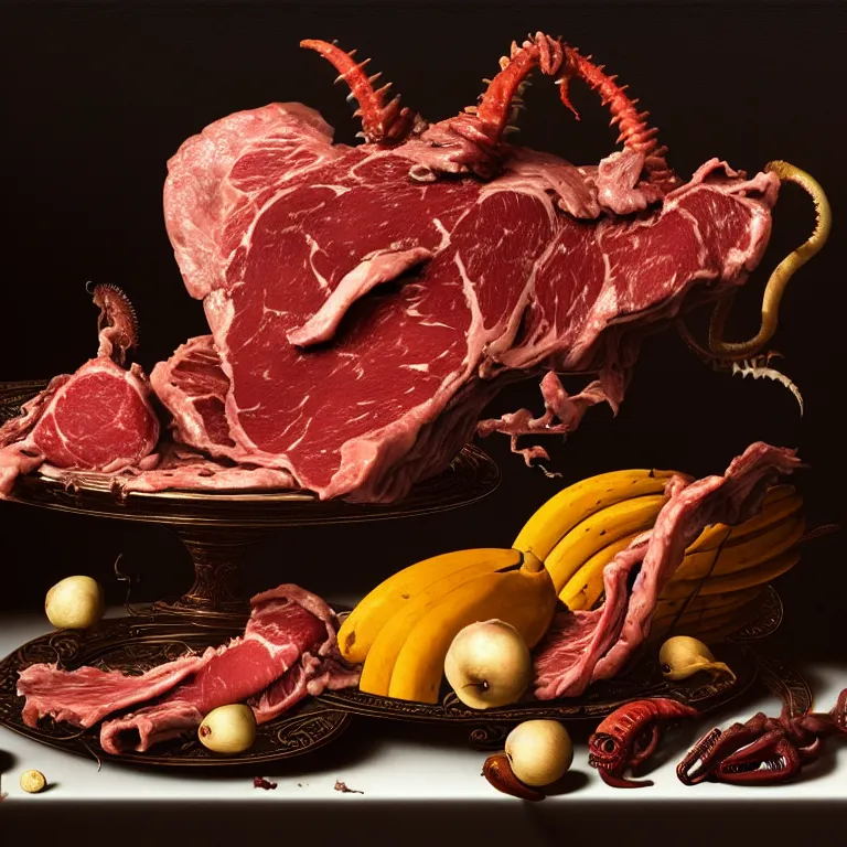 Image similar to still life of rotten meat, xenomorph, beautiful tropical flowers, human spine, tropical fruit baroque painting, beautiful detailed intricate insanely detailed octane render, 8K artistic photography, photorealistic, chiaroscuro, Raphael, Caravaggio