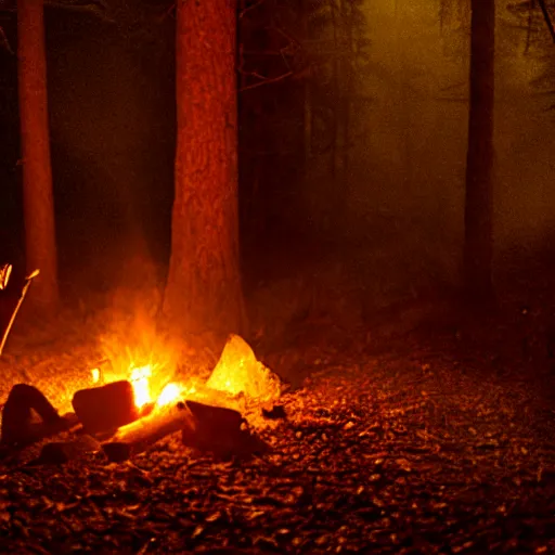 Prompt: skull in a campfire at night, spooky, horror, creepy lighting directed by wes craven