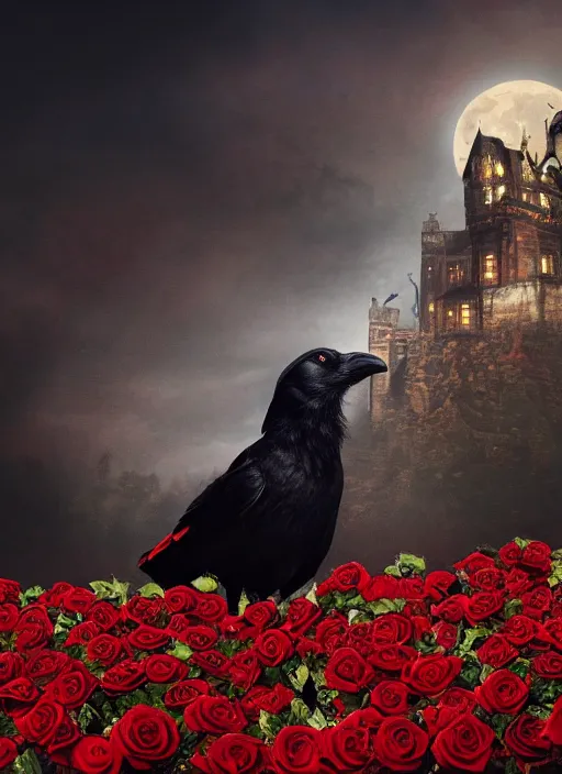 Image similar to red and golden color details, portrait, A crow with red eyes in front of the full big moon, book cover, red roses, red white black colors, establishing shot, extremly high detail, foto realistic, cinematic lighting, castle in the background, by Yoshitaka Amano, Ruan Jia, Kentaro Miura, Artgerm, post processed, concept art, artstation, raphael lacoste, alex ross, portrait, A crow with red eyes in front of the full big moon, book cover, red roses, red white black colors, establishing shot, extremly high detail, photo-realistic, cinematic lighting, by Yoshitaka Amano, Ruan Jia, Kentaro Miura, Artgerm, post processed, concept art, artstation, raphael lacoste, alex ross