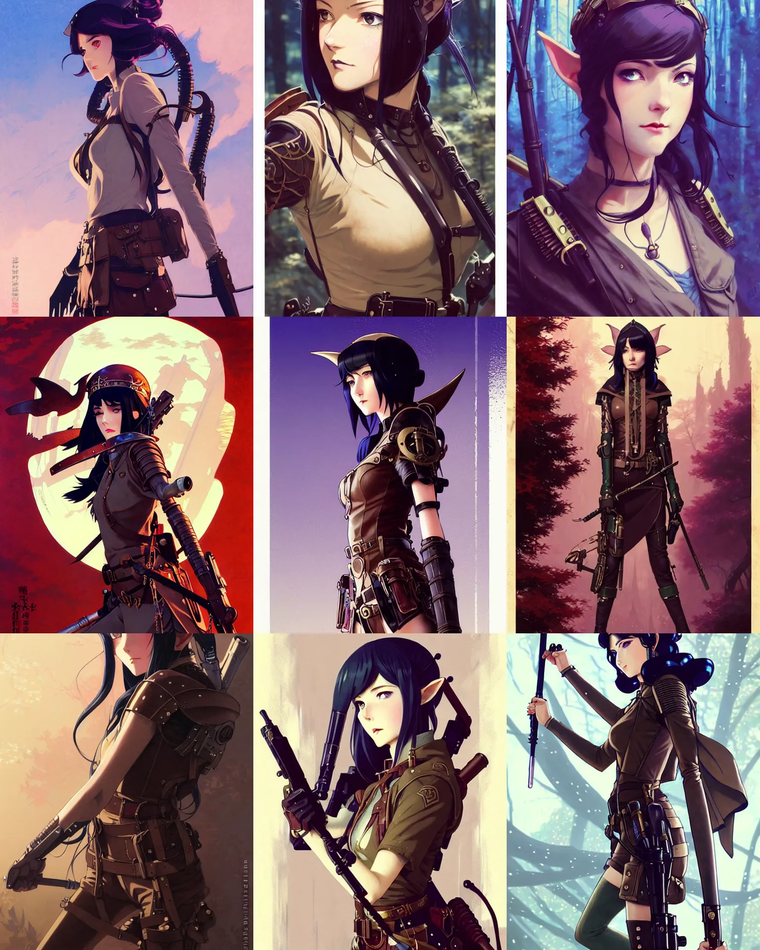 Prompt: A beautiful dieselpunk elven huntress || very anime, fine-face, pretty face, magic leather armor, realistic shaded Perfect face, fine details. Anime. realistic shaded lighting poster by Ilya Kuvshinov katsuhiro otomo ghost-in-the-shell, magali villeneuve, artgerm, Jeremy Lipkin and Michael Garmash and Rob Rey