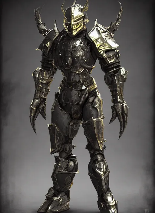 Prompt: a photorealistic 3D render of a full body dark side knight (as an archetypal DnD isekai Demon Lord) wearing power armor made of gold and silver, inspired by Fallout, unreal engine, octane render, cinematic lighting, a sense of evil, detailed hard surface boss character concept art, character design, hyper realism, high detail, depth of field, stunning cgsociety, HD, HDR, 4k