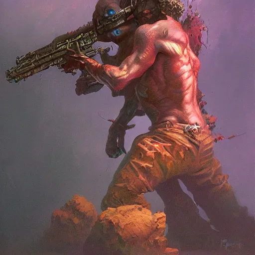 Prompt: beautiful realistic fantasy painting of a goblin wielding a pulpy fantasy gun, by pascal blanche and Frazetta and Beksinski, volumetric lighting, trending on art station, polarizer filter