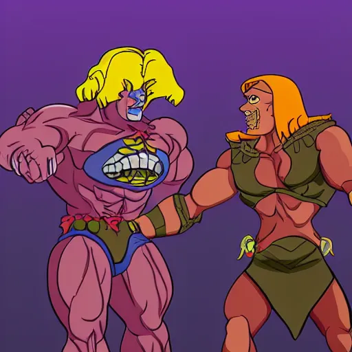 Image similar to He Man dancing with Skeletor, cinematic lighting, photorealistic