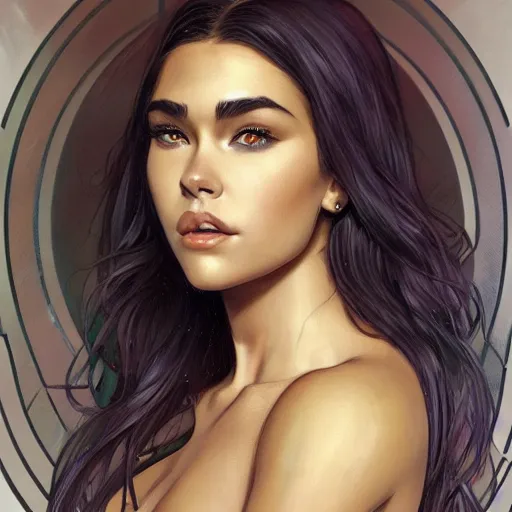 Prompt: portrait of madison beer wearing a skintight suit, intricate, elegant, highly detailed, digital painting, artstation, concept art, smooth, sharp focus, illustration, art by artgerm and greg rutkowski and alphonse mucha, 8 k