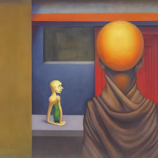 Prompt: one - eyed monks, omniscient, dystopian, pj crook, edward hopper, oil on canvas