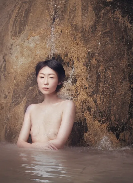 Image similar to Kodak Portra 400, 8K, soft light, volumetric lighting, highly detailed, Kasumi Arimura style 3/4 ,portrait photo of Japanese princess, the face emerges from a thermal water flowing down gold travertine terraces, with lotus flowers, a beautiful luxurious royal suit, intricate hair with highly detailed realistic beautiful flowers , Realistic, Refined, Highly Detailed, ethereal lighting colors scheme, outdoor fine art photography, Hyper realistic, photo realistic