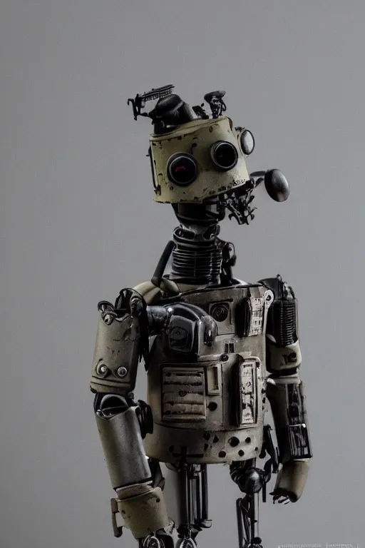 Image similar to a cinematic bust photo shot of a beautiful 1 : 6 scale threea toys action figurine by ashley wood, world war one robot, black background, museum light, dark mood