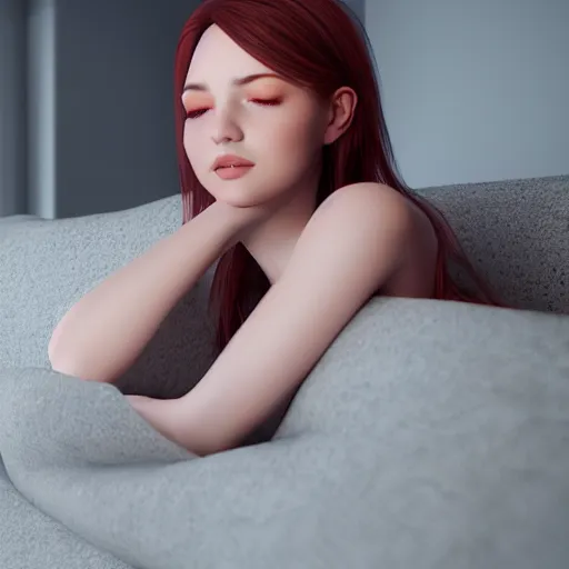 Image similar to 3 d render of a cute thin young woman, red blush, wearing casual clothes, small smile, relaxing on a couch, cuddling up under a blanket, cozy living room, medium shot, 8 k, octane render, trending on artstation, art by artgerm, unreal engine 5, hyperrealism, hyperdetailed, ultra realistic