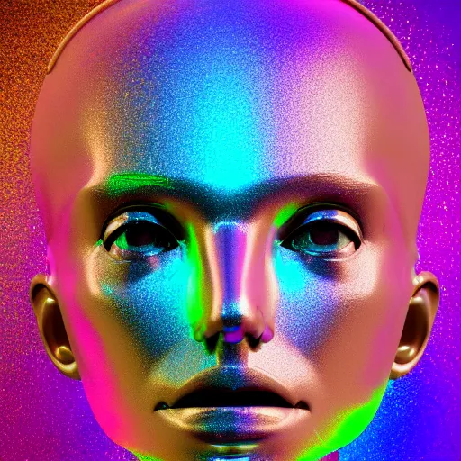 Image similar to 3d render of holographic human robotic head made of glossy iridescent, surrealistic 3d illustration of a human face non-binary, non binary model, 3d model human, cryengine, made of holographic texture, holographic material, holographic rainbow, concept of cyborg and artificial intelligence