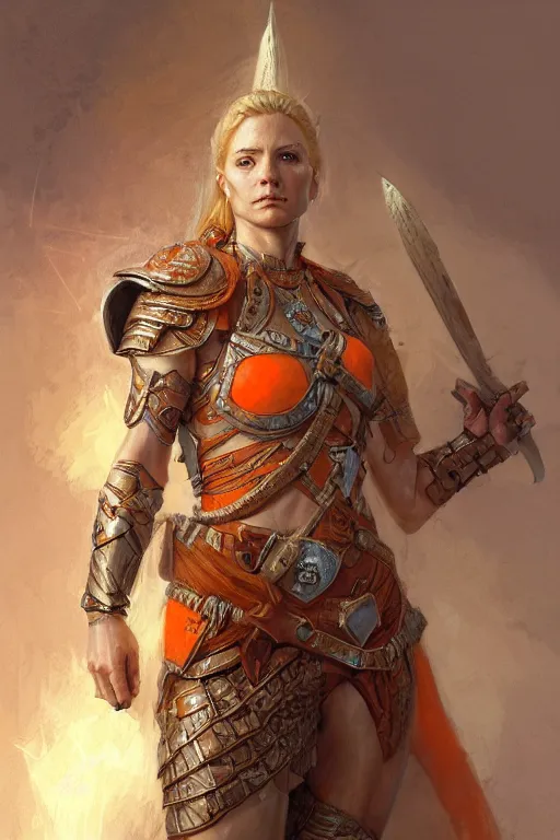 Image similar to full - body portrait of a ranger, female, white and orange breastplate, magical, high fantasy, d & d, by donato giancola, craig mullins, jeremy mann, face details, extremely detailed, digital illustration