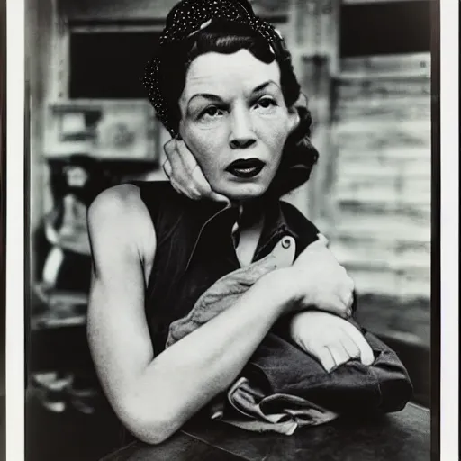 Image similar to a photograph of Rosie the riveter by Annie Leipovitz