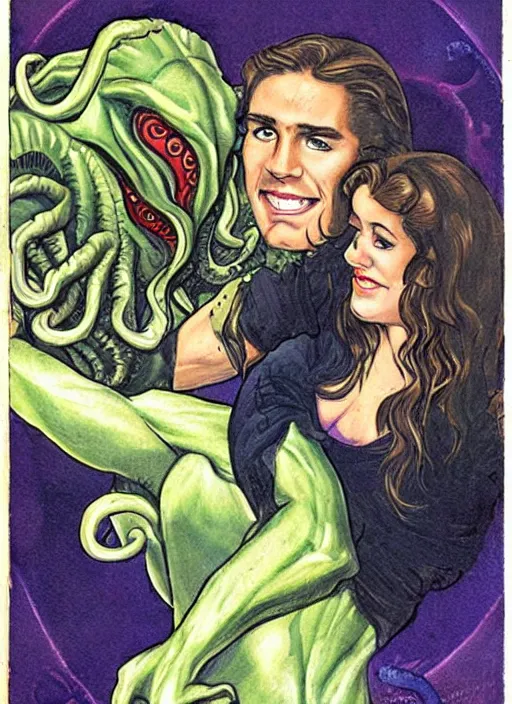 Prompt: mills and boon romance novel cover with cthulhu and fabio