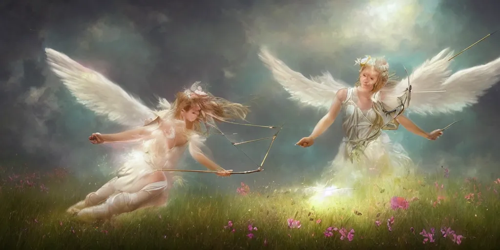 Image similar to An angel with white wings shooting luminous arrows with a bow on a country landscape covered with flowers, the arrows create flowers when they hit the country floor, inspired by Amandine Van Ray, Christophe Vacher, trending on artstation, heavenly colors, volumetric lighting