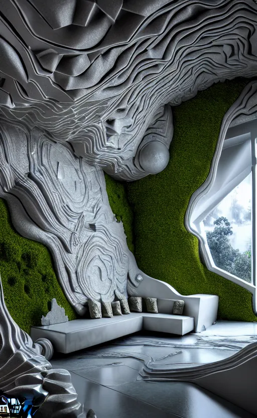 Prompt: highly detailed ultra sharp 3 d render villa interior cinematic composition of a smooth ceramic porcelain biomorphic magnolia stone nebula fluid fractal sci - fi surreal architecture landscape, granite, metallic, silver, marble, moss and lichen, vincent callebaut composition, mamou - mani, archviz, beautiful lighting, 8 k, unreal engine, hdr