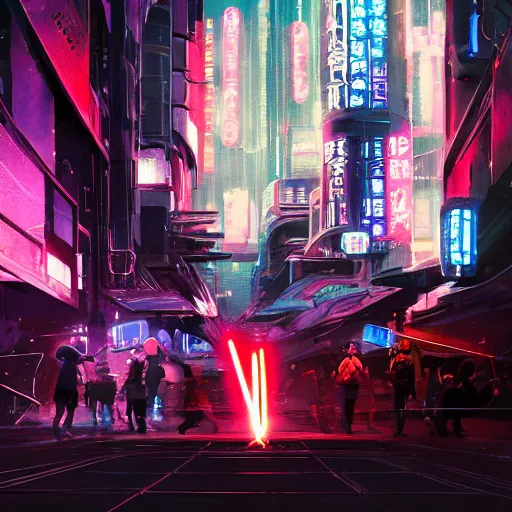 Image similar to Jedi lightsaber Duel future japan at night, Neon Lights, High contrast, concept art, fine details, studio ghibli, cinematic lighting, ghost-in-the-shell, cyberpunk,sci-fi, fantasy, intricate, elegant, highly detailed, digital painting, trending on artstation, concept art, smooth, sharp focus, illustration, by james gurney and greg rutkowski