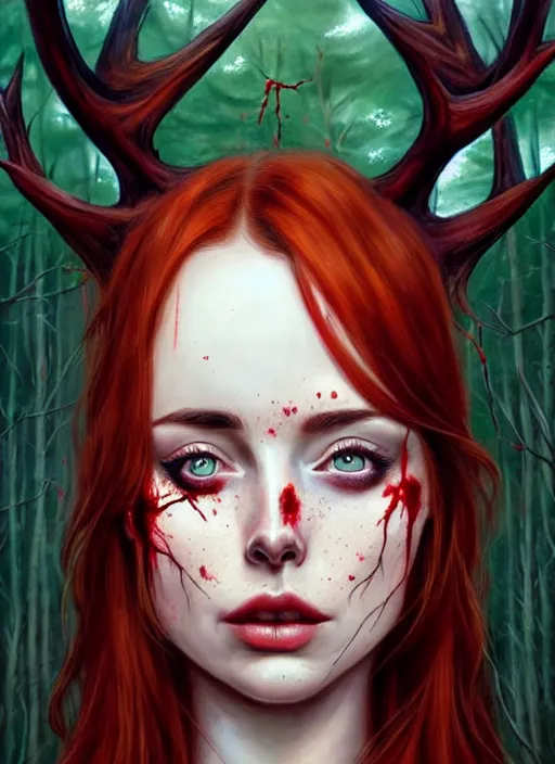 Image similar to surrounded by trees, realistic character concept, gorgeous Kacey Rohl, red hair, small freckles, Wendigo antlers, symmetrical face, symmetrical eyes, full body, covered in blood, dark forest, trees, shorter neck, cinematic lighting, Joshua Middleton and artgerm, fear anxiety terror