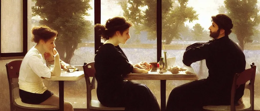 Prompt: couple at a diner, happy, chatting, art by william Adolphe Bouguereau, extremely detailed, award winning, artstation