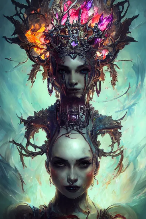 Prompt: beautiful demon model wearing crystal crown full of jewels and blood electricity, warhammer, cyberpunk, 3 d render, hyper realistic detailed portrait, holding fire flowers, scifi, fantasy, hyper detailed, octane render, concept art, peter mohrbacher, artgerm, ruan jia, wlop