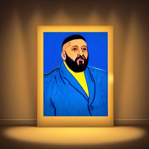 Image similar to ultra realistic portrait of dj khaled in a studio, ultra detailed, under blue, red and yellow cinematic lighting, by van gogh, cartoon, monument valley, escher