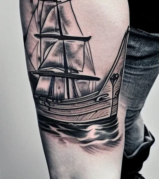 Image similar to White background tattoo design of a magical pirate ship, realism tattoo design, highly detailed tattoo, shaded tattoo, hyper realistic tattoo