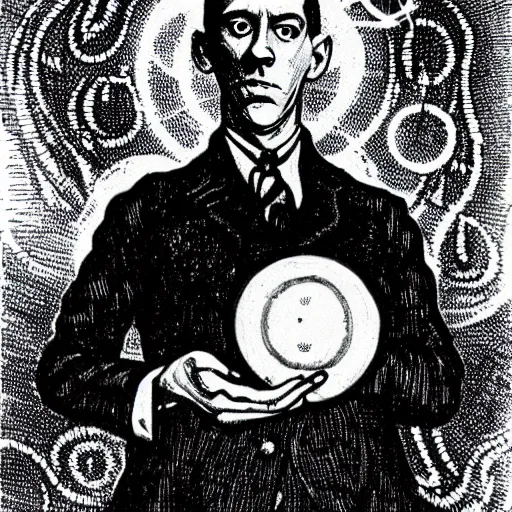 Image similar to h p lovecraft holding up an glowing orb of malice, it radiates dark, eldritch energy, detailed in the style of vincent van gogh