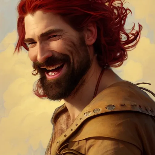 Image similar to portrait of a young ruggedly handsome but joyful pirate, male, masculine, upper body, crimson hair, long long flowing hair, fantasy, smug smirk, intricate, elegant, highly detailed, digital painting, artstation, concept art, matte, sharp focus, illustration, art by artgerm and greg rutkowski and alphonse mucha