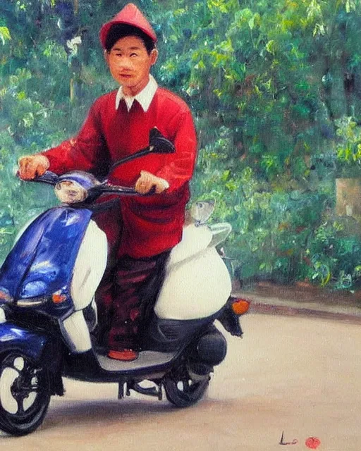 Image similar to asian school boy riding moped, aged oil painting by le pho