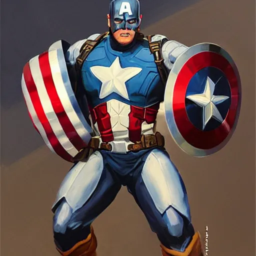 Image similar to greg manchess portrait painting of heavily armored captain america as overwatch character, totally whack, medium shot, asymmetrical, profile picture, organic painting, sunny day, matte painting, bold shapes, hard edges, street art, trending on artstation, by huang guangjian and gil elvgren and sachin teng