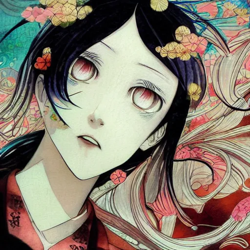 Image similar to yoshitaka amano blurred and dreamy realistic illustration of an anime girl with black eyes, wavy white hair fluttering in the wind wearing dress suit with tie, junji ito abstract patterns in the background, satoshi kon anime, noisy film grain effect, highly detailed, renaissance oil painting, weird portrait angle, blurred lost edges, three quarter view