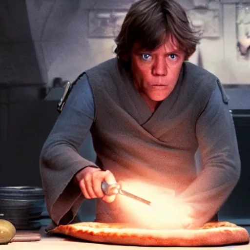 Image similar to A still of Luke Skywalker making a pizza, 4k, photograph, ultra realistic, highly detailed, professional lighting