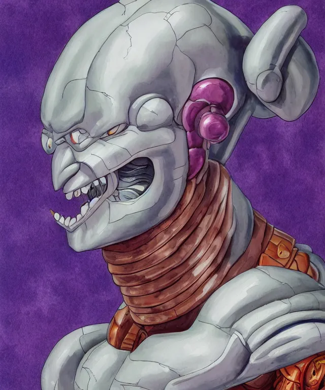 Image similar to a oil / watercolor painting full body character portrait of frieza as a machine mutant in the style of moebius in the style of leonard boyarsky trending on artstation deviantart pinterest detailed realistic hd 8 k high resolution