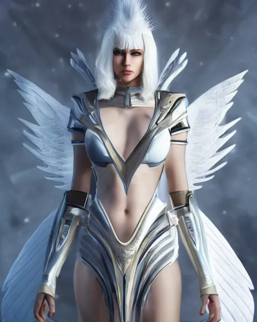 Image similar to perfect white haired attractive egyptian goddess with huge white dove wings, warframe armor, beautiful, symmetric, charlize theron, half asian, pretty face, blue eyes, scifi platform, laboratory, experiment, 4 k, ultra realistic, epic lighting, android body, illuminated, cinematic, masterpiece, art by akihito tsukushi, voidstar