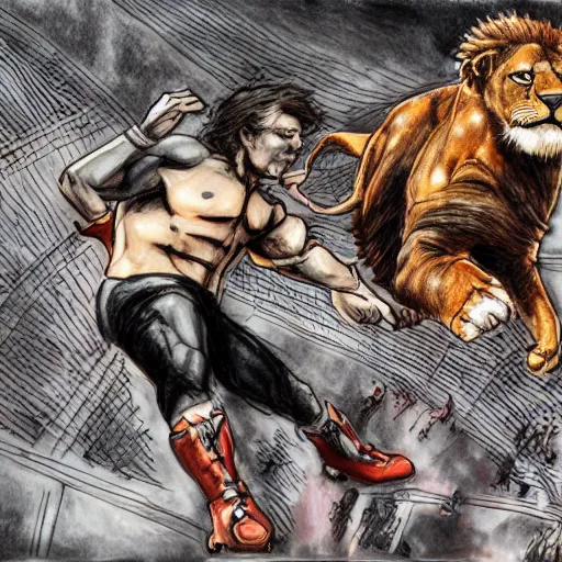 Image similar to one hero wrestling against a lion in the middle of an arena, crowd of people, pencil art, added detail, high definiton, colored, aerial view, blood, yoji shinkawa