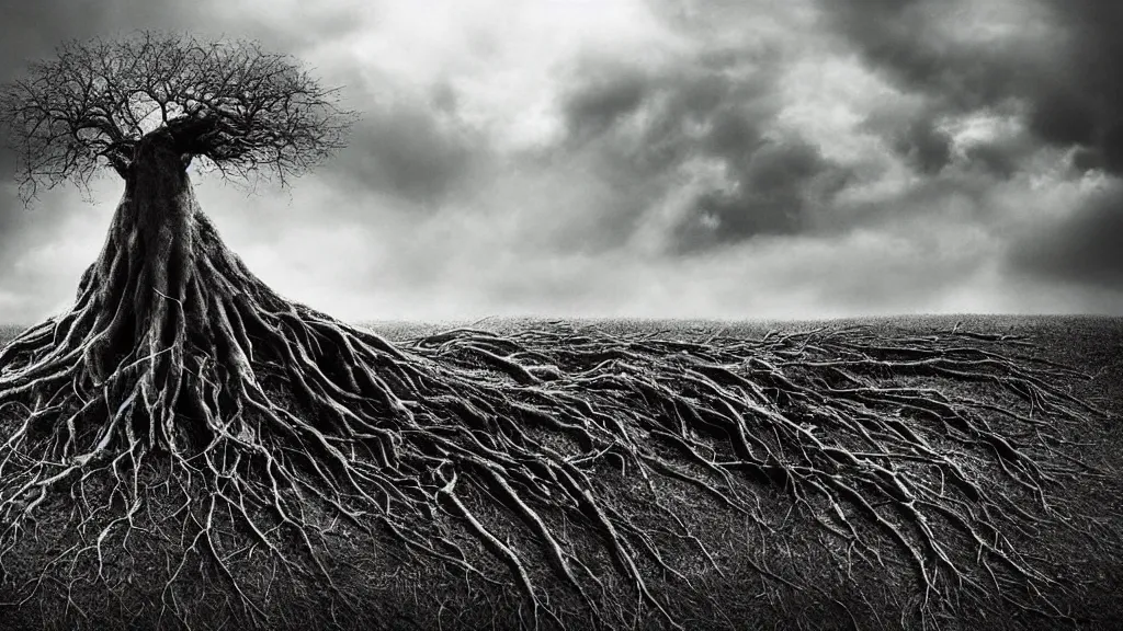 Prompt: tree roots reaching up into the clouds, surrealism photography by Sarolta Bán