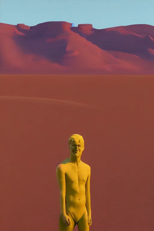 Prompt: a vast desert valley in the style of david hockney with a marble statue of an ideal human in the middle of the foreground, oil painting, raytracing, 8 k, octane render, volumetric, vivid, beautiful, hyperrealism