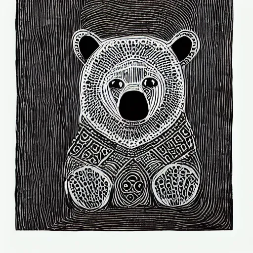 Prompt: bear, cute, block print, simple stylized, black ink on white paper