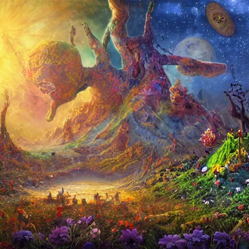 Image similar to extraterrestrial rebirth of life in the land as new era of peace and prosperity begins, flowers and fruits, banners, on ancient post - apocalyptic planet, jim henson creature shop, vivid and colorful, thomas kincaid, cinematic, oil painting, highly detailed, illustration