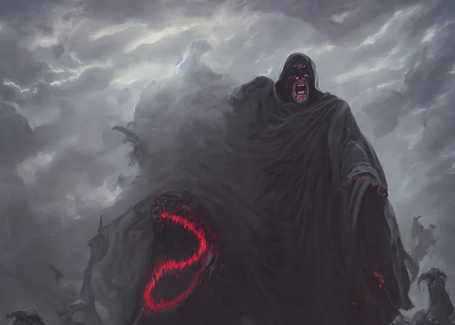 Image similar to abstract painting of giant Joe Biden smiling evil emperor of the world emerging in dark clouds, Sidious, immense crowd of people, noxious, cosmic horror, evil, dangerous, trending on ArtStation, masterpiece, by Greg Rutkowski, by Ross Tran, by Fenghua Zhong, octane, lightbeam eyes, soft render, clear facial features, oil on canvas, moody lighting, cinematic, professional environment concept art