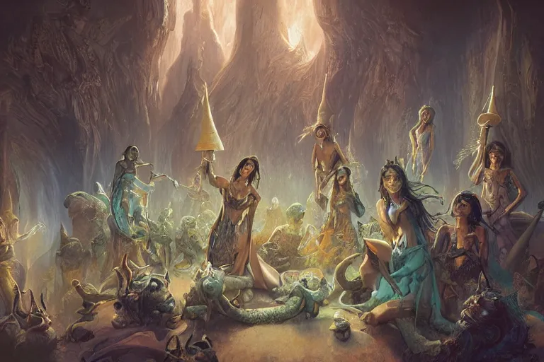 Image similar to the muses. sacred singers they who took up the strings of the deep, and turned the cacophony of an angry world into songs of unity and peace. afternoon lighting, cinematic fantasy painting, dungeons and dragons, jessica rossier and brian froud