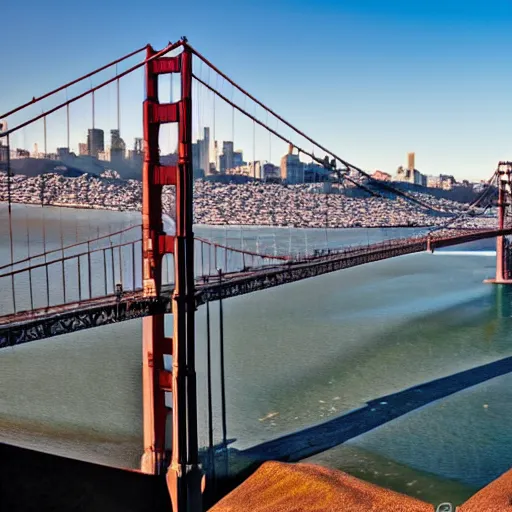 Prompt: San Francisco bridge with nyc skyline behind it, canon 8k, detailed, realistic, sunny