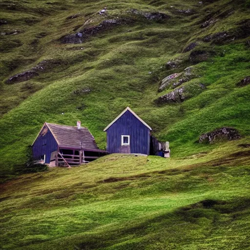 Prompt: a photo of a cabin on a hill in Scotland