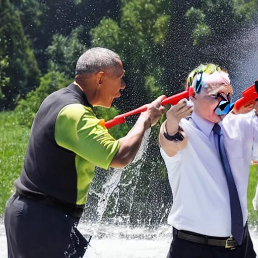 Image similar to photo of putin, trump and obama using water guns at each other