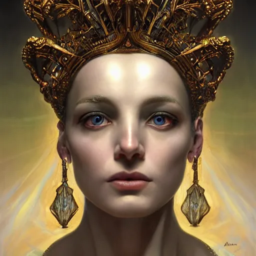 Prompt: masterpiece baroque neoclassicist closeup renaissance portrait of a art deco android priestess, glowing eyes. reflective detailed textures, highly detailed fantasy science fiction painting by magali villeneuve, annie swynnerton, peter mohrbacher, norman rockwell and jean delville, elaborate geometric ornament, cool colors. artstation