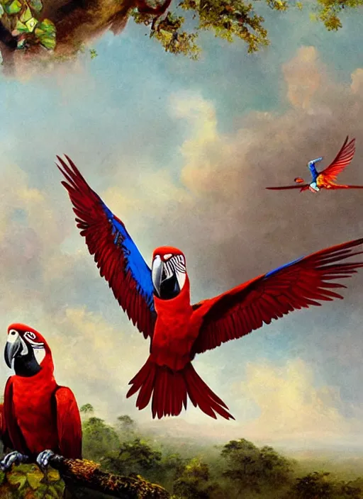 Image similar to a beautiful painting of two macaws flying over the amazon jungle, matte painting, fantasy art, ayahuasca, highly detailed