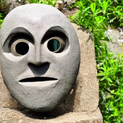 Image similar to a creepy stone mask with empty eyes and a smiling empty gaping mouth, the mask is smooth and has no nose