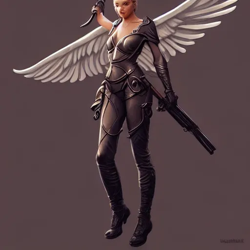 Image similar to fullbody!! female fantasy angel with a shotgun trending on artstation, smooth and sharp, intricate, fine details, elegant, dynamic pose, detailed and intricate environment, professional by tatyana kupriyanova and greg rutkowski and raymond swanland